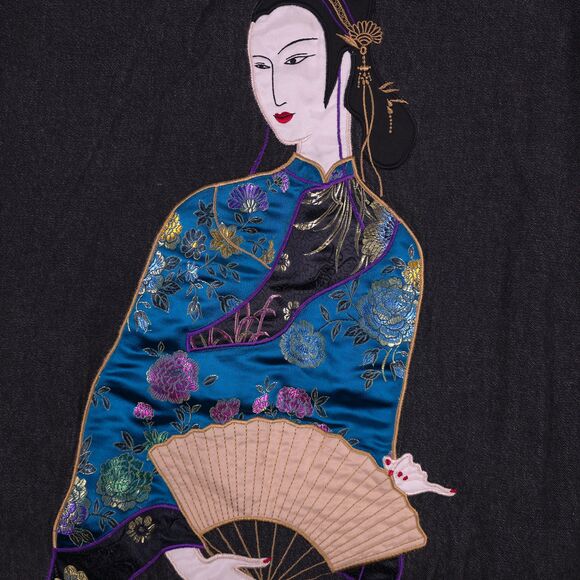 Vtg Denim Jean Jacket W/Satin Embroidered SZ 2x Geisha Boho Rockability Japanese - Picture 4 of 11